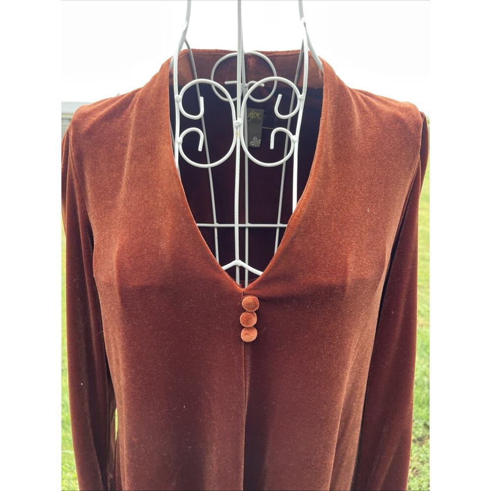 Taylor Burnt Orange Trapeze Velvet Long Sleeve Mini Shirt Dress Small Semiformal - Picture 3 of 7